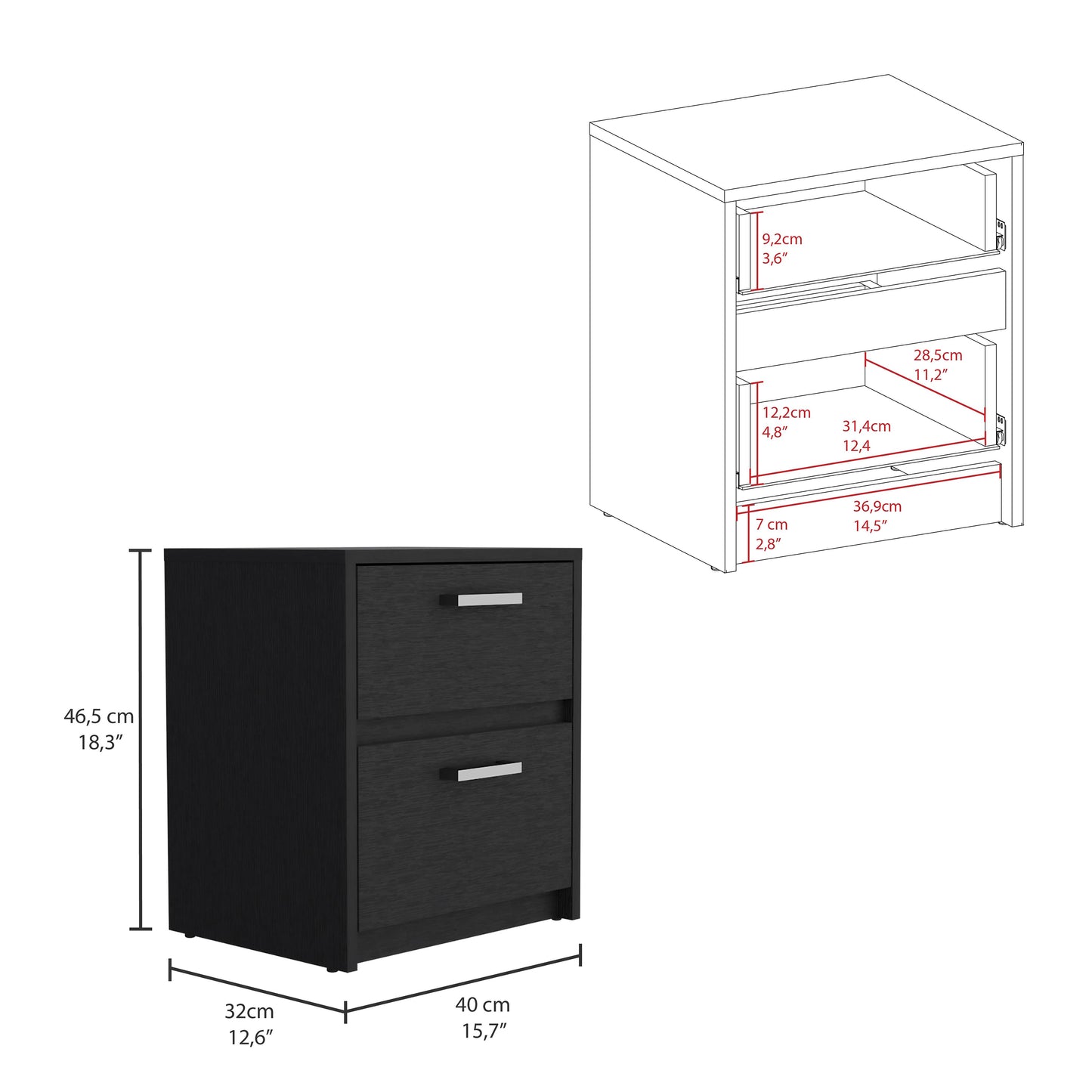 Black twodrawer bedside table with brushed nickel handles and wood grain texture