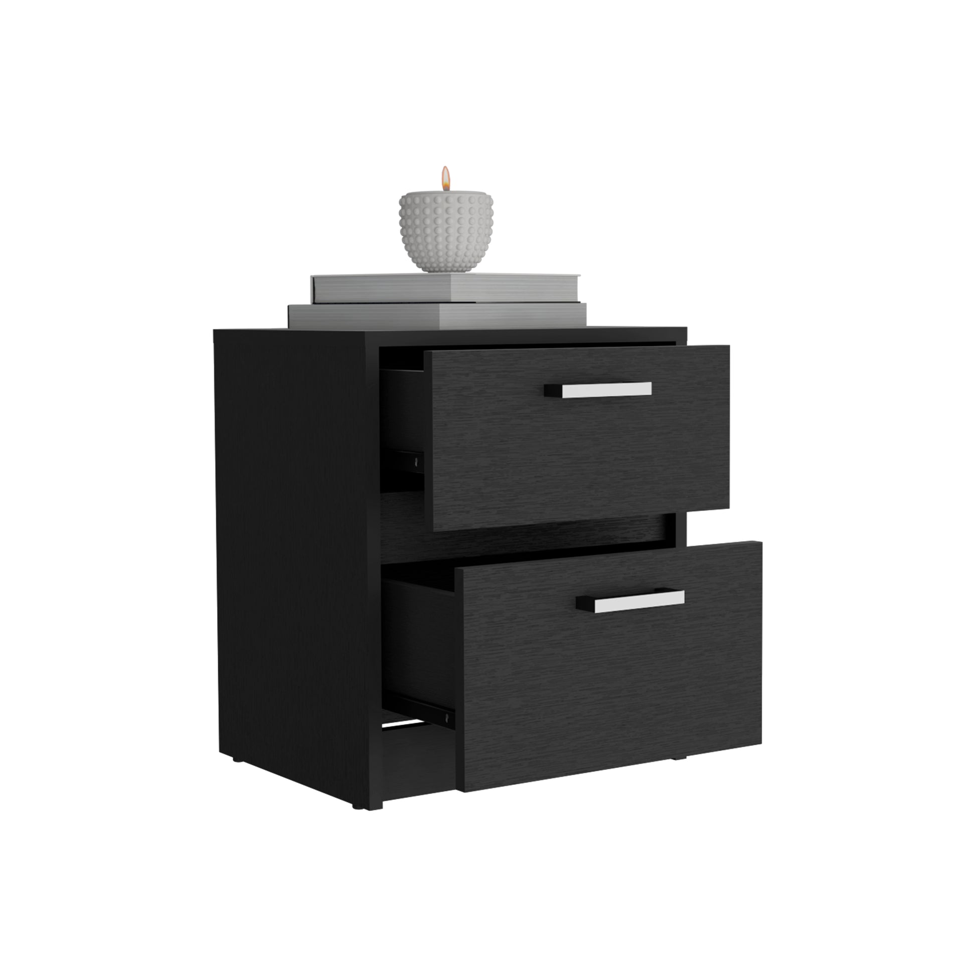 Sleek black twodrawer nightstand with silver handles ideal for bedroom storage