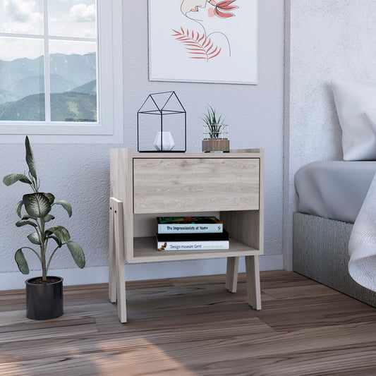 Light oak veneer bedside table with one drawer and open shelf