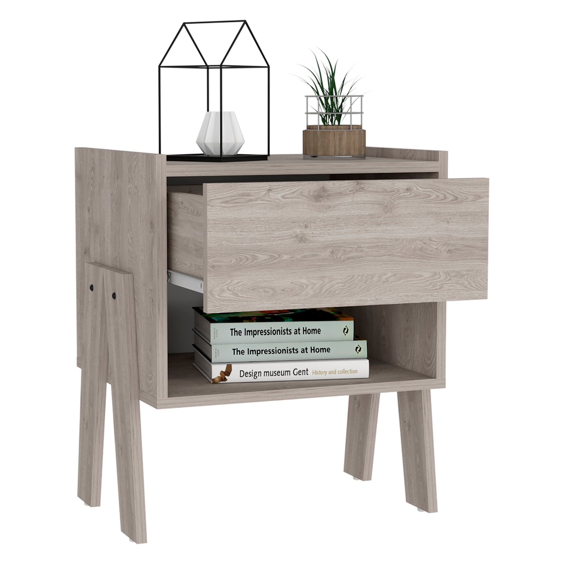 Light wood grain nightstand with open drawer and shelf holding decorative items and books