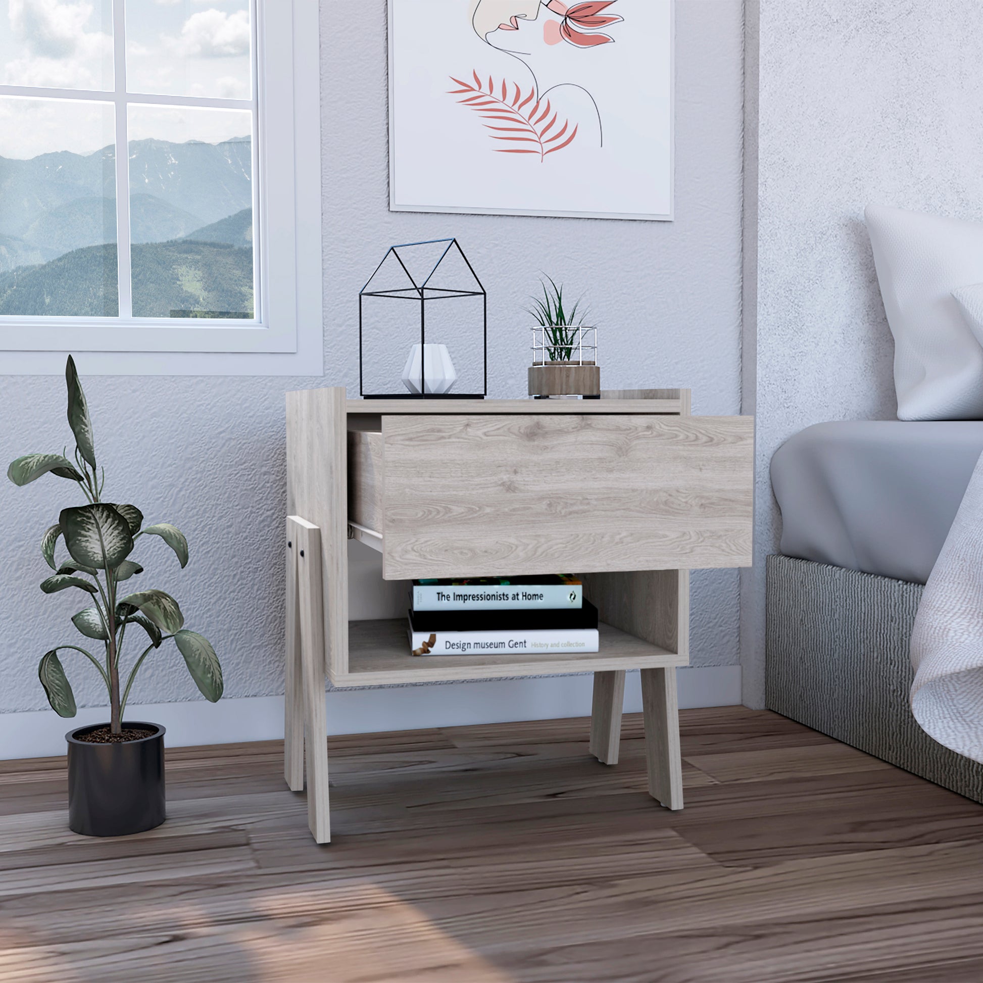 Light oak wood bedside table with open drawer and books on shelf