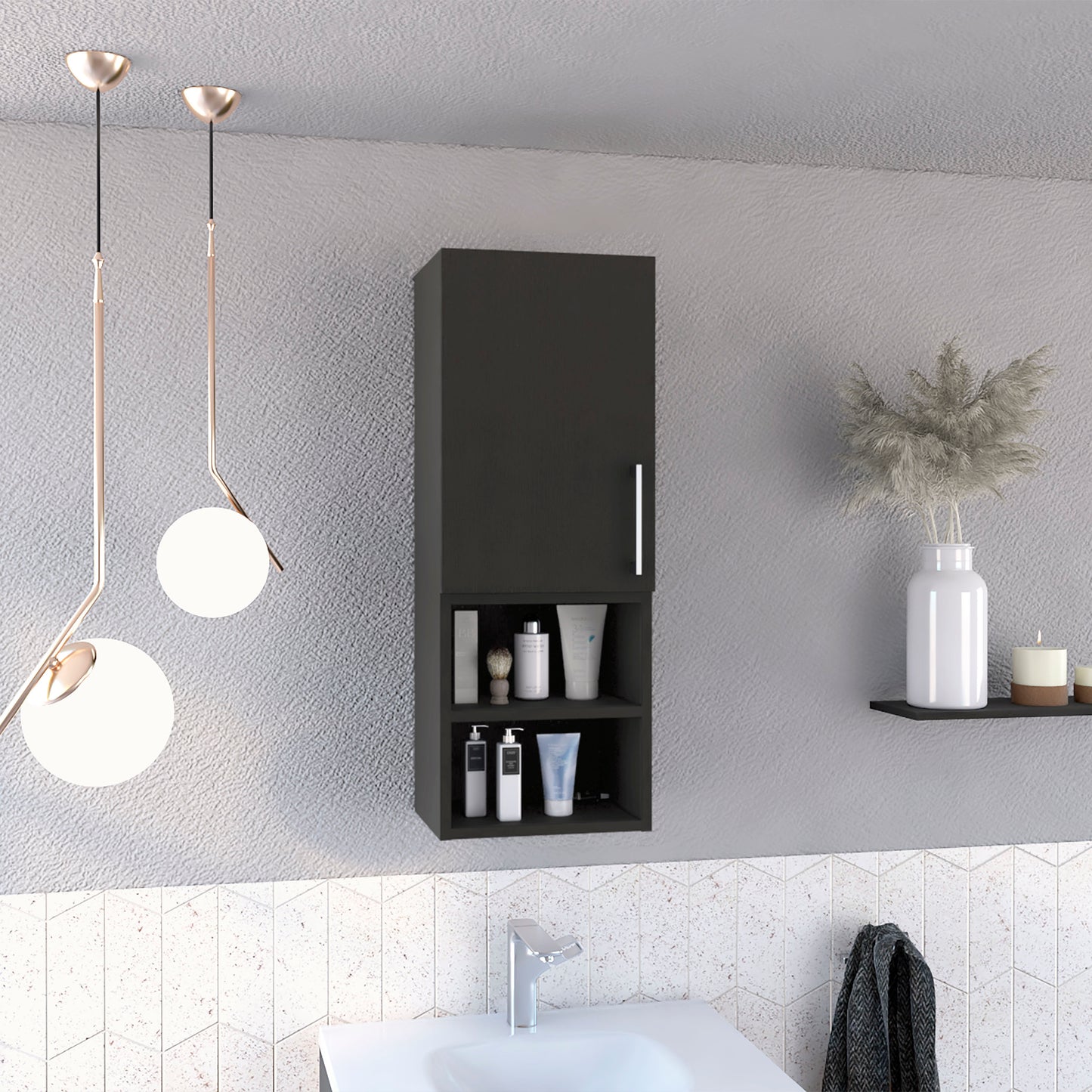 Dark grey modern bathroom cabinet with open shelves storing toiletries