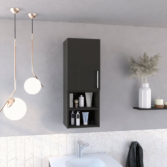 Dark grey modern bathroom cabinet with open shelves storing toiletries