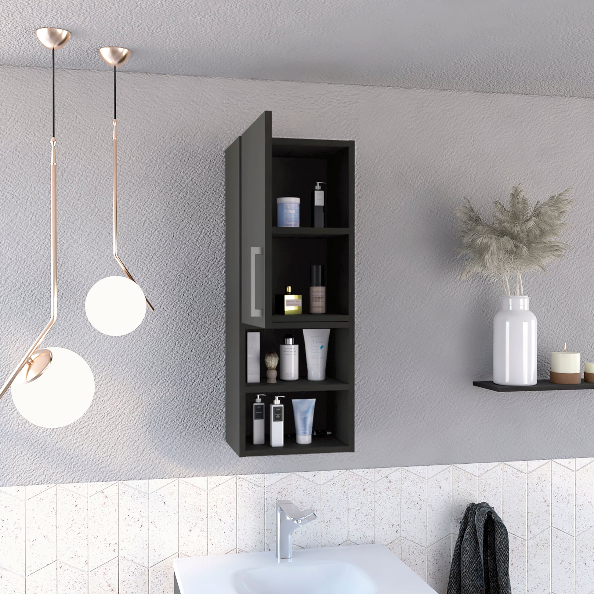 Dark gray modern bathroom cabinet with four shelves filled with toiletries
