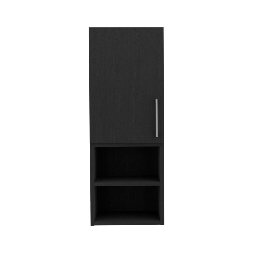 Black wood grain wall cabinet with silver handle and two open shelves