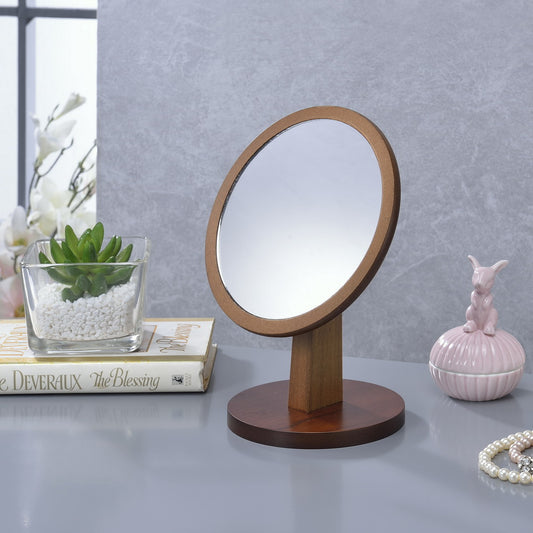 Wooden tabletop vanity mirror with oval glass