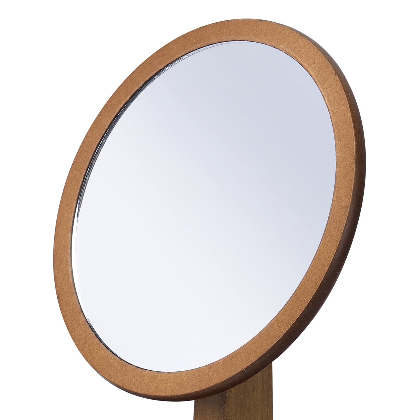 Oval vanity mirror with a rustic woodgrain frame