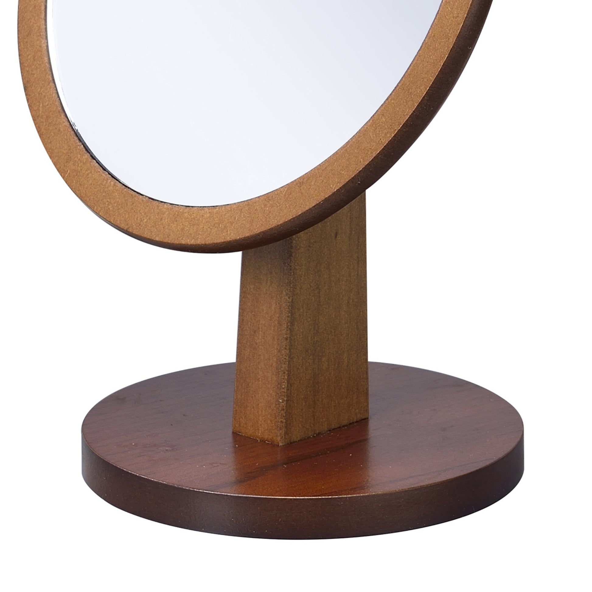 Round wooden tabletop mirror with a rustic bronze rim