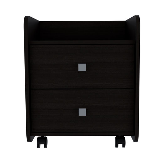 Dark brown wooden twodrawer bedside table with silver square handles and wheels