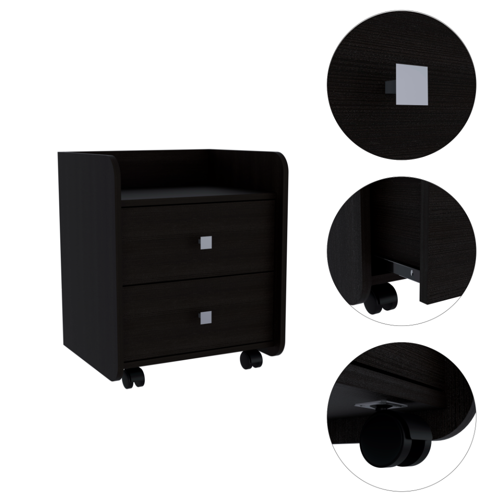 Dark wood nightstand with two drawers and silver square pulls on casters