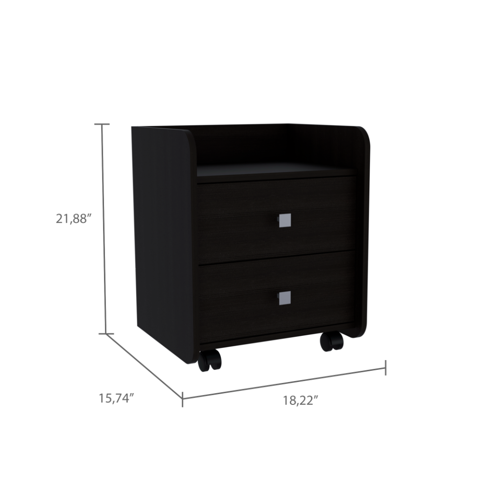 Dark wood rolling nightstand with two drawers and brushed nickel pulls