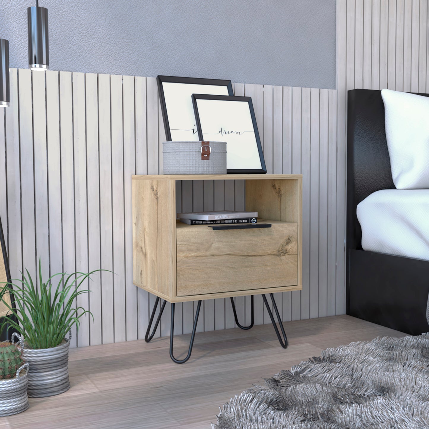 Modern wooden nightstand with metal hairpin legs and open shelf