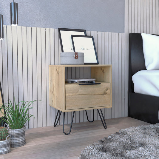 Modern wooden nightstand with metal hairpin legs and open shelf