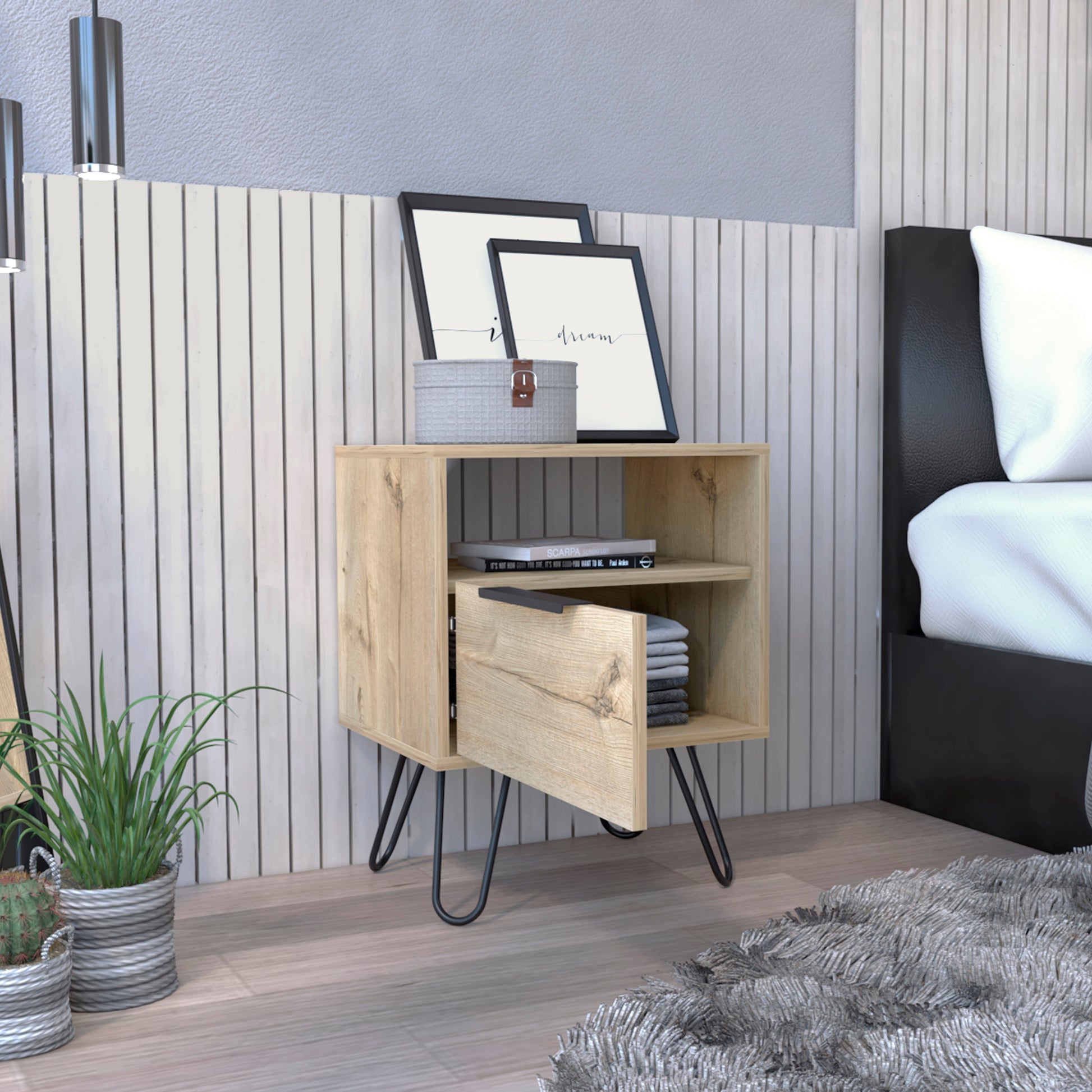Natural wood bedside table with black hairpin legs and open shelf