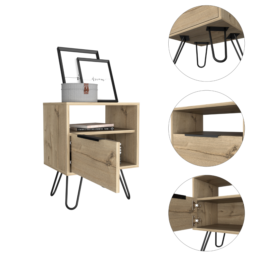Wooden bedside table with open drawer and black hairpin legs