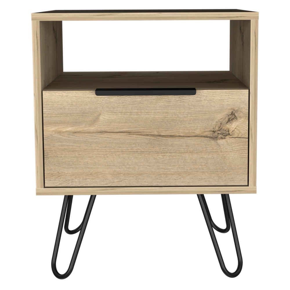 Light wood grain bedside table with black metal hairpin legs and one drawer