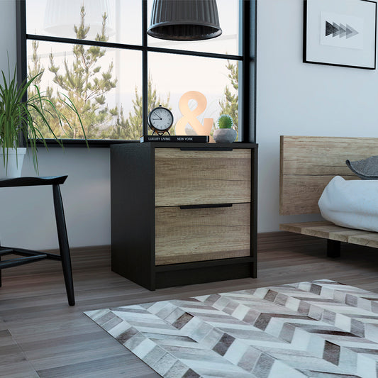 Black and natural wood finish nightstand with two drawers modern design