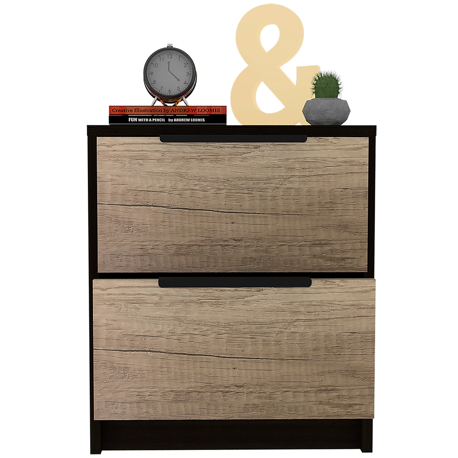 Twodrawer wooden nightstand with vintage clock ampersand decor and cactus plant