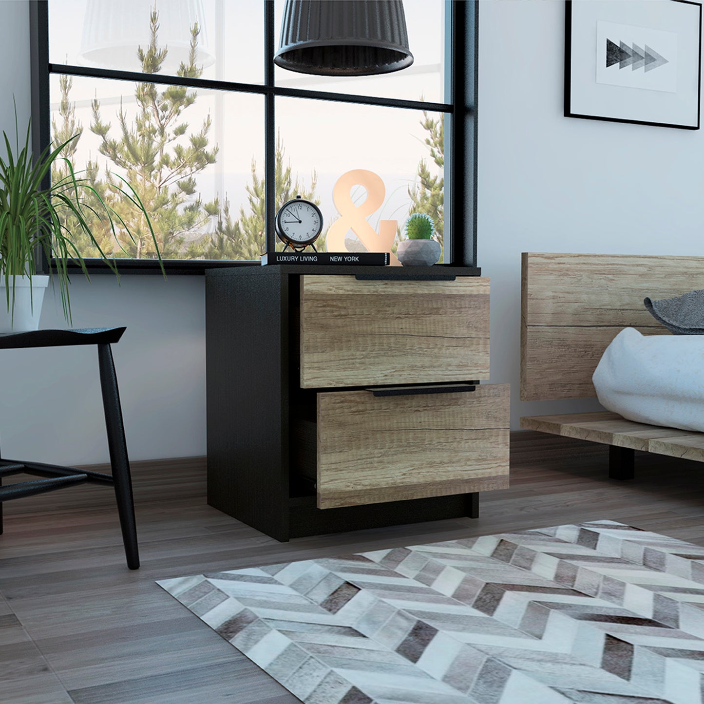 Black and oak modern nightstand with two woodgrain drawers