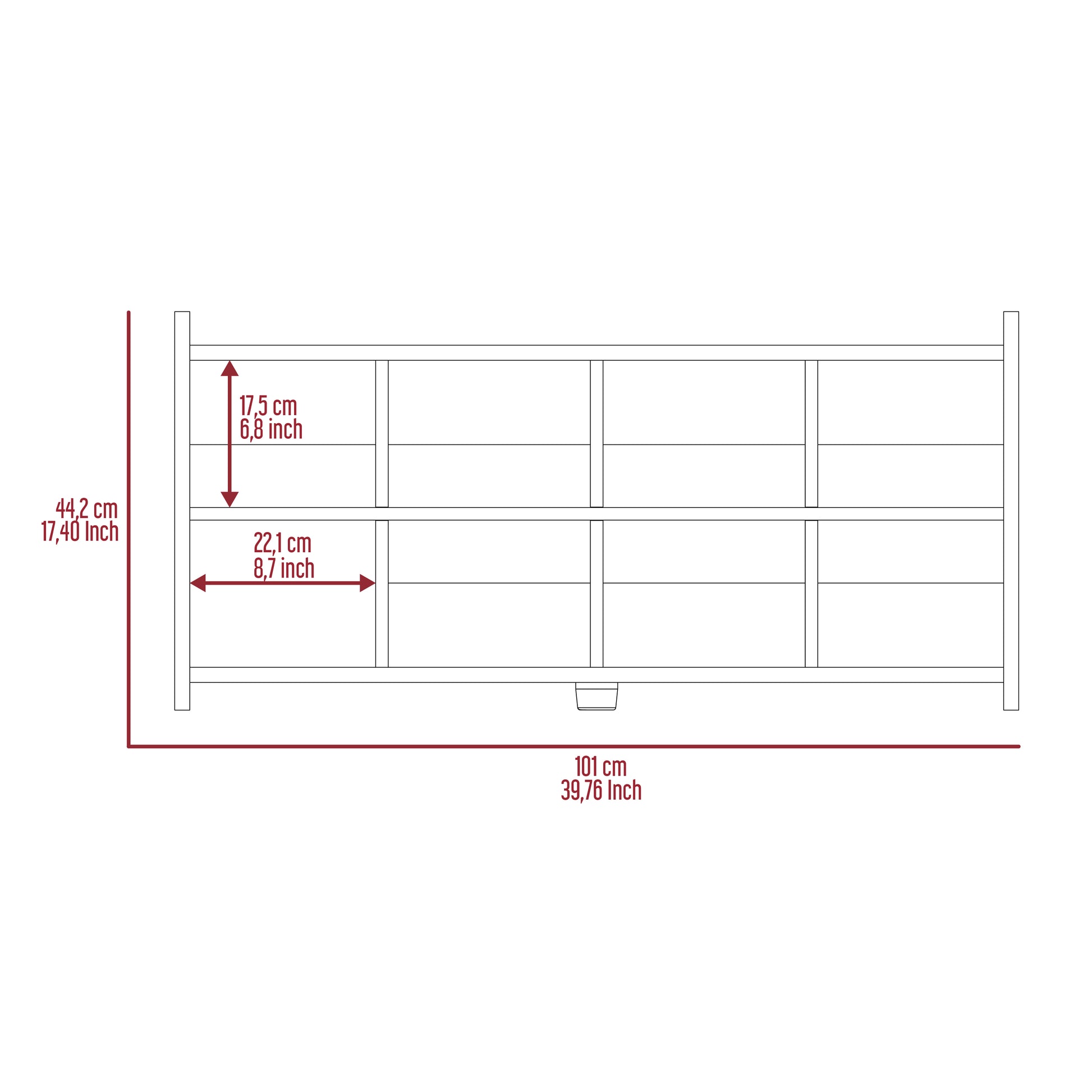 Diagram of a white twotier shelf unit with dimensions cm length cm height