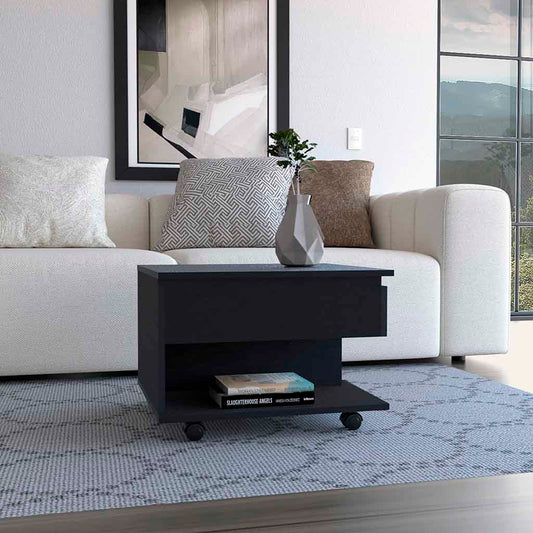 Modern black end table with a rolling wheel base and open shelf holding books