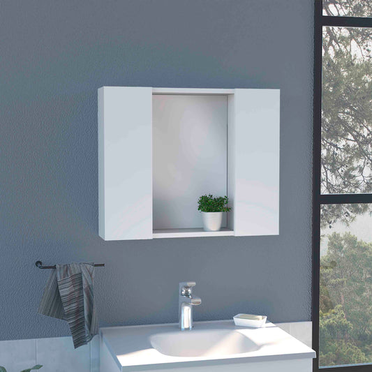 Modern white medicine cabinet with mirrored doors mounted above a sink and faucet