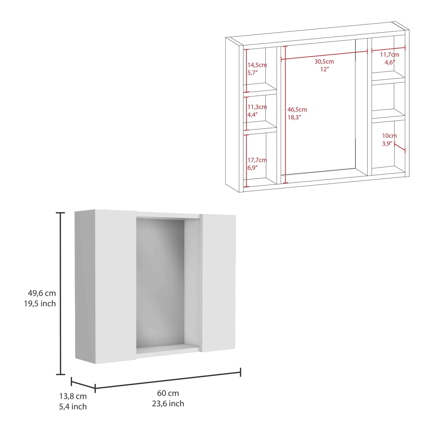 White wall shelf unit with multiple compartments and dimensions indicated