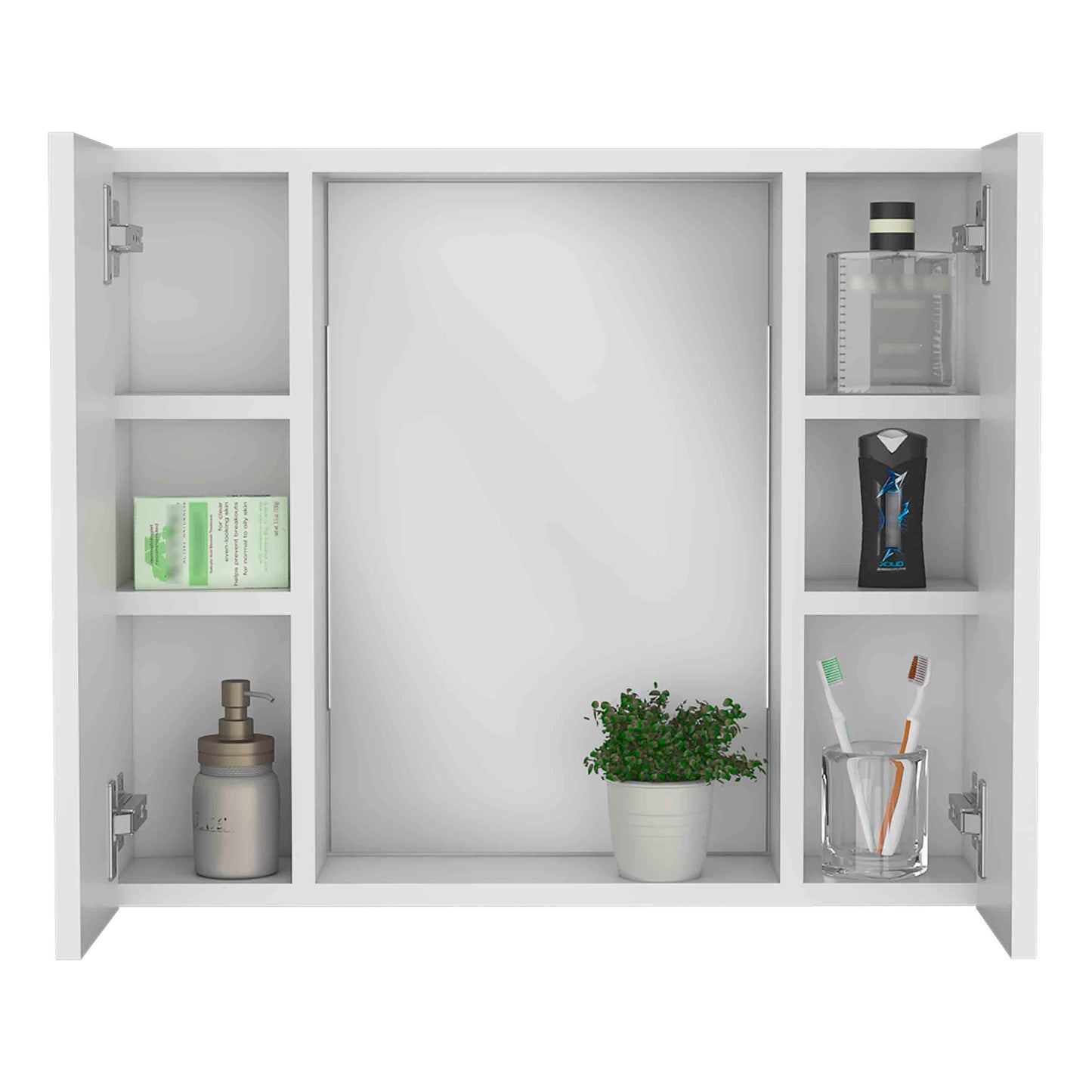 Modern white medicine cabinet with mirrored door and open shelves displaying toiletries