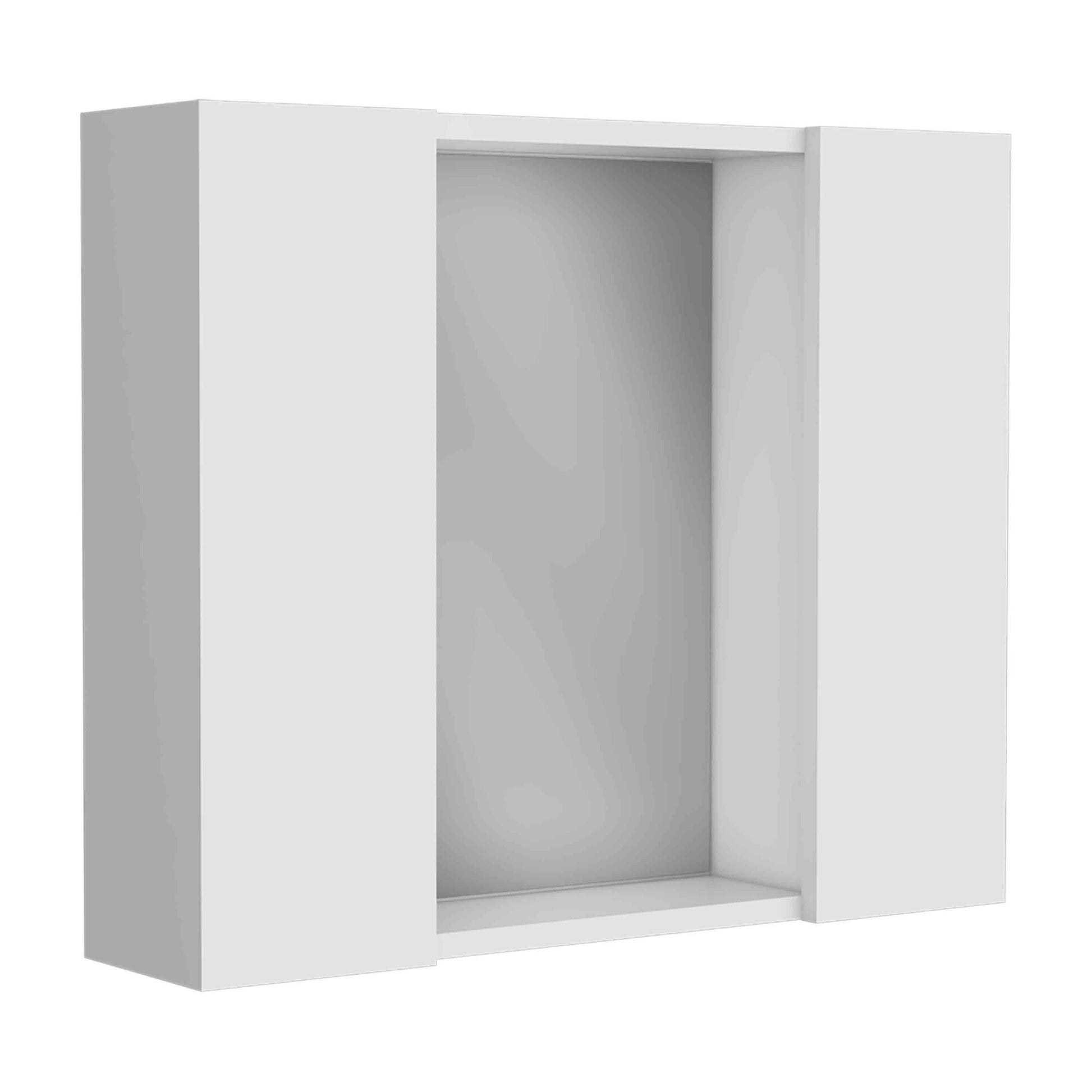 Modern white modular shelf unit with open central compartment