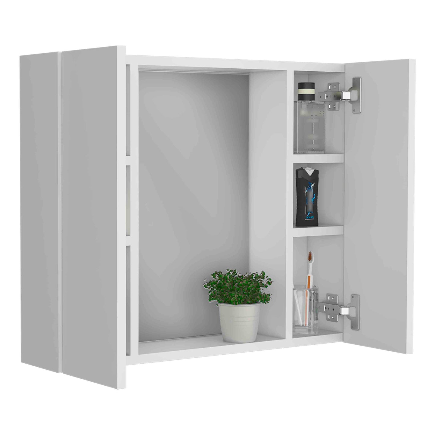 Modern white bathroom medicine cabinet with open doors showcasing shelves with toiletries and a plant