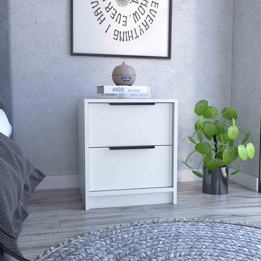 Modern white twodrawer nightstand with black handles ideal for bedrooms