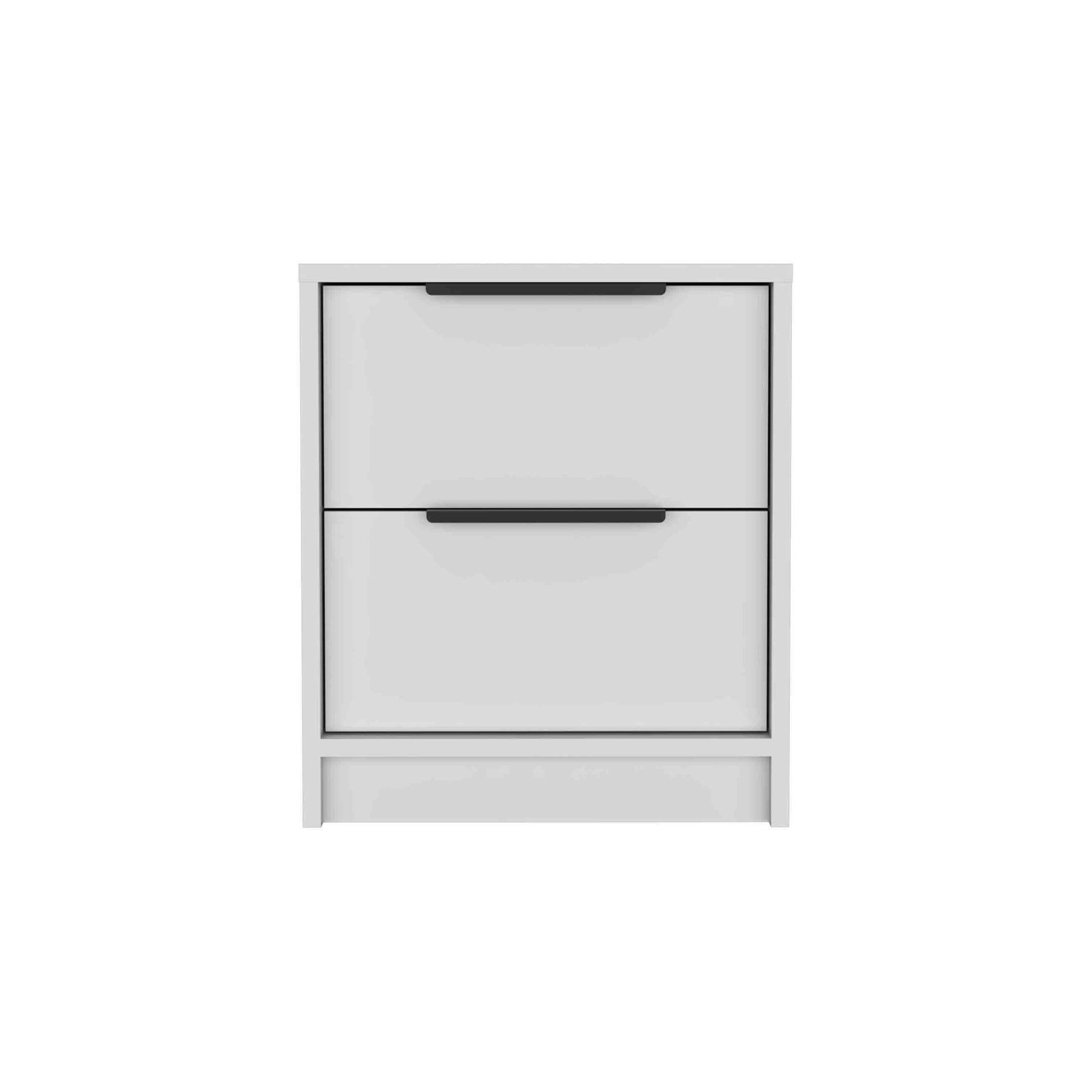 Modern white twodrawer nightstand with black handle hardware