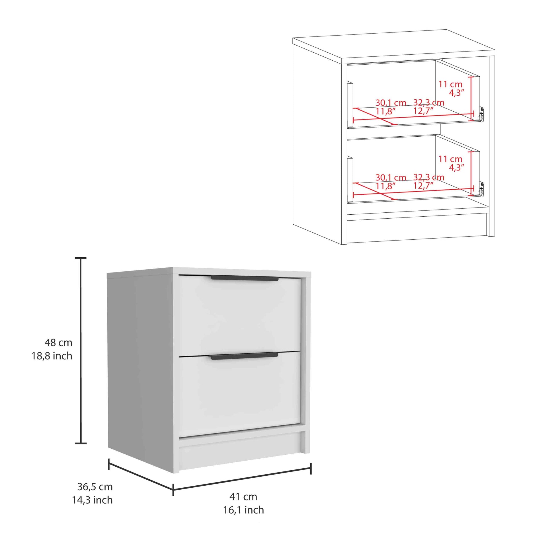 Modern white nightstand with two drawers and black handles cm width