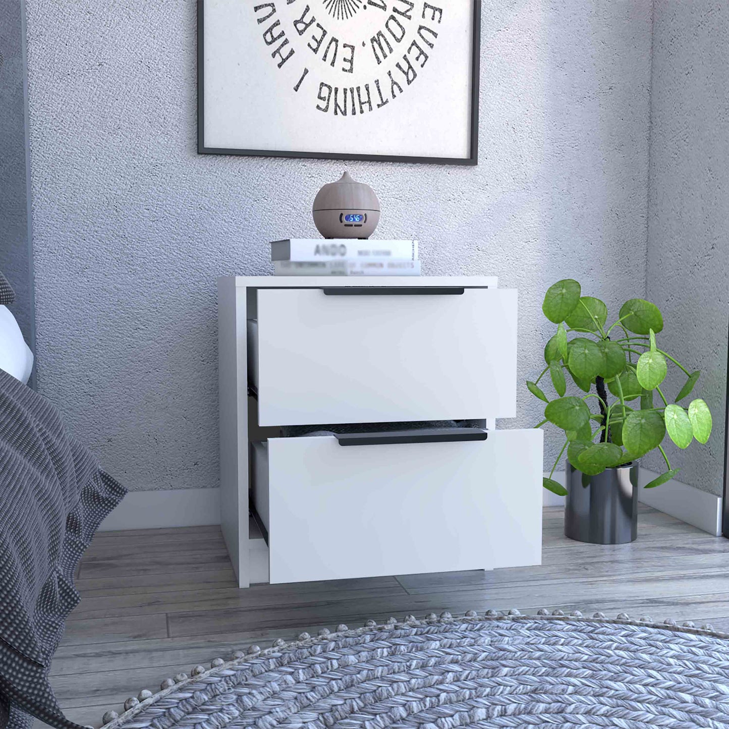 White modern twodrawer nightstand with sleek black handles