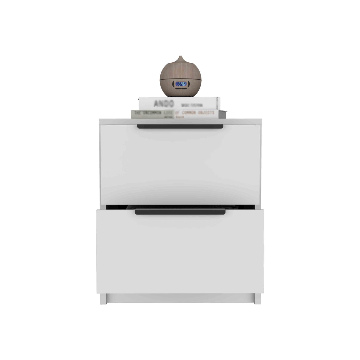 Modern white twodrawer nightstand with black handle and minimalist design