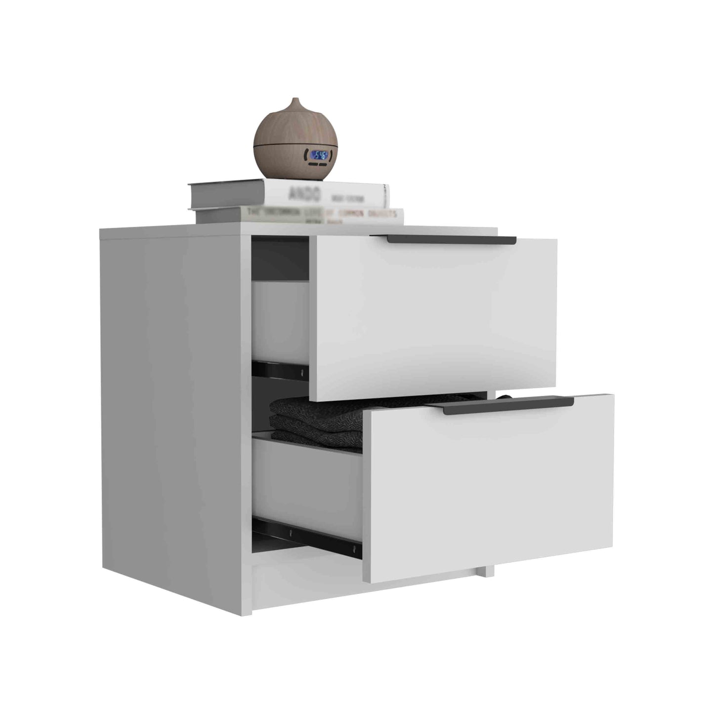 Modern white nightstand with two drawers and sleek black hardware