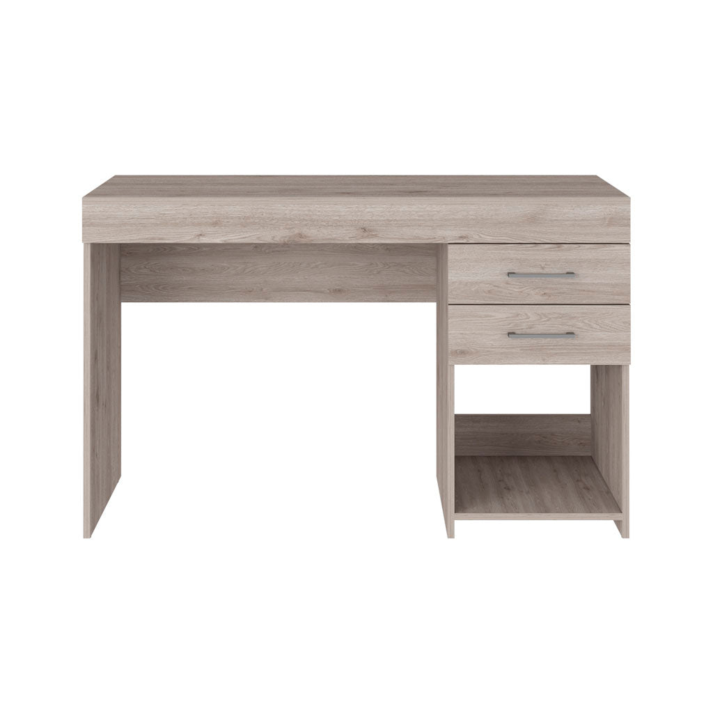 Modern wooden desk with two drawers and an open shelf ideal for home office use