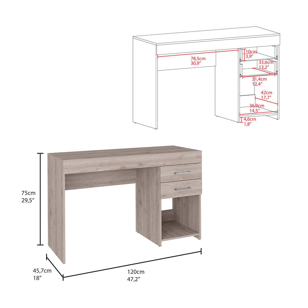 Modern wooden desk with two drawers and open shelving for home office use