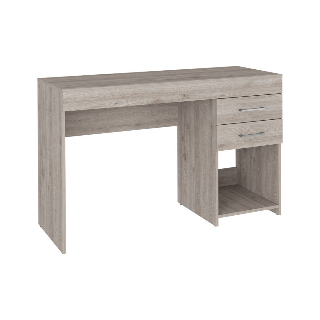 Modern grey oak effect desk with two drawers and open shelving unit