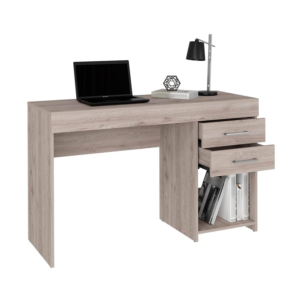Light wood modern desk with laptop and lamp for home office