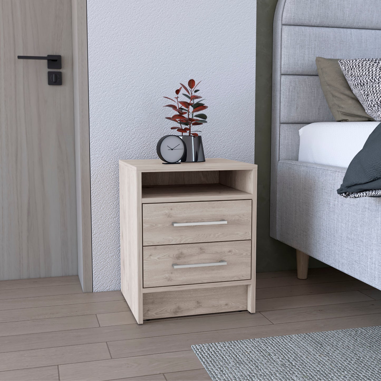Light oak bedside table with two drawers and open shelf