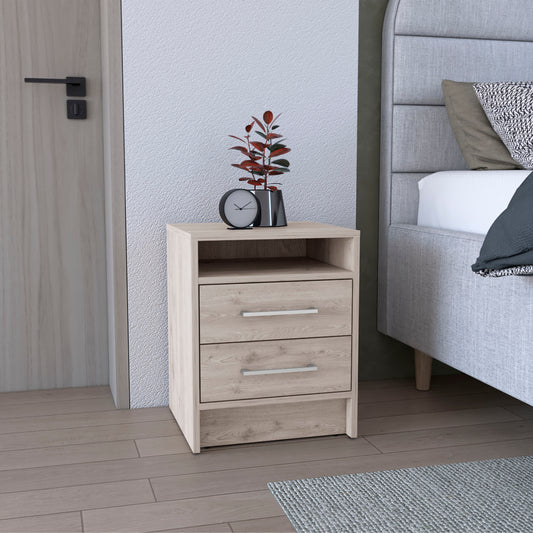 Light oak bedside table with two drawers and open shelf