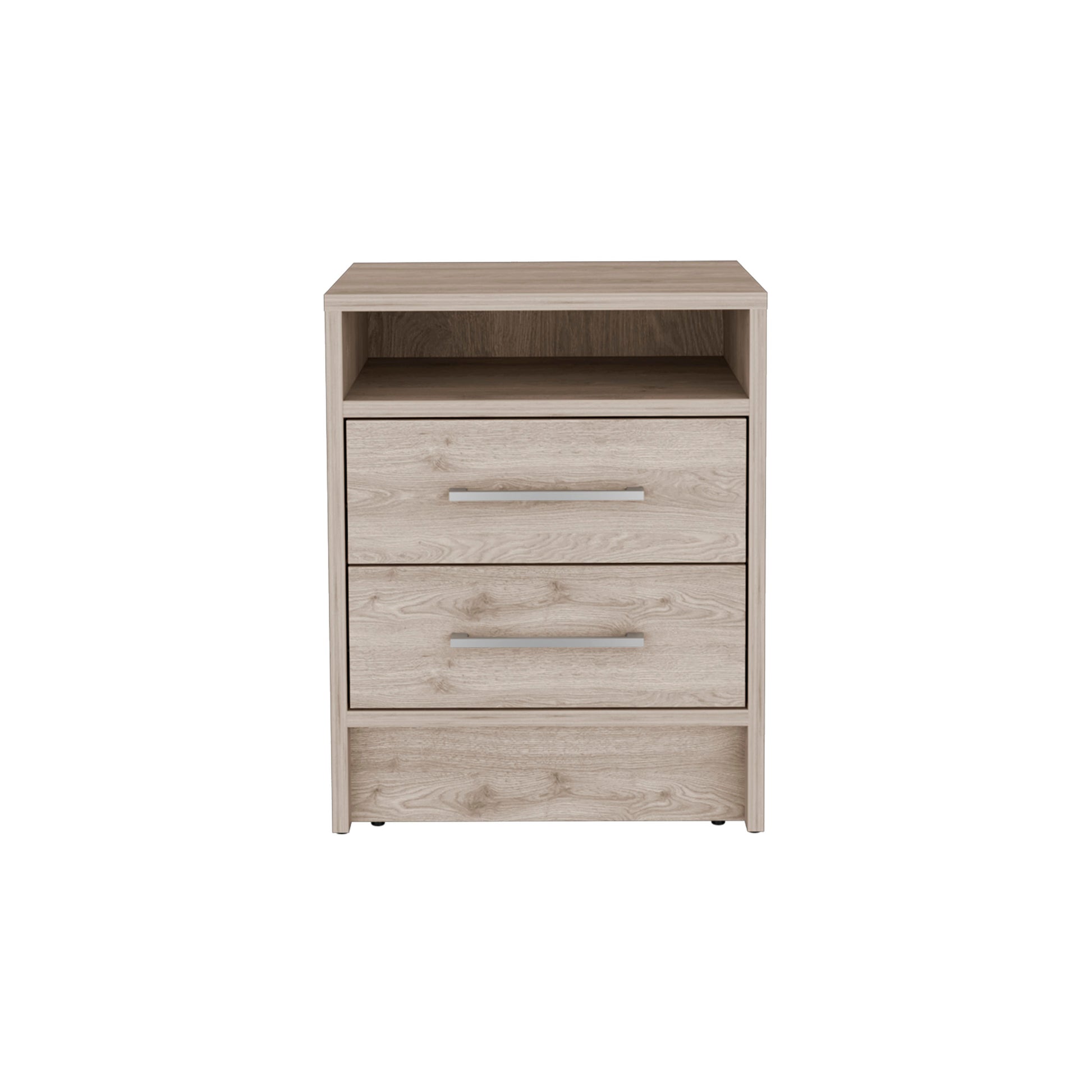 Light oak veneer nightstand with one open shelf and three drawers