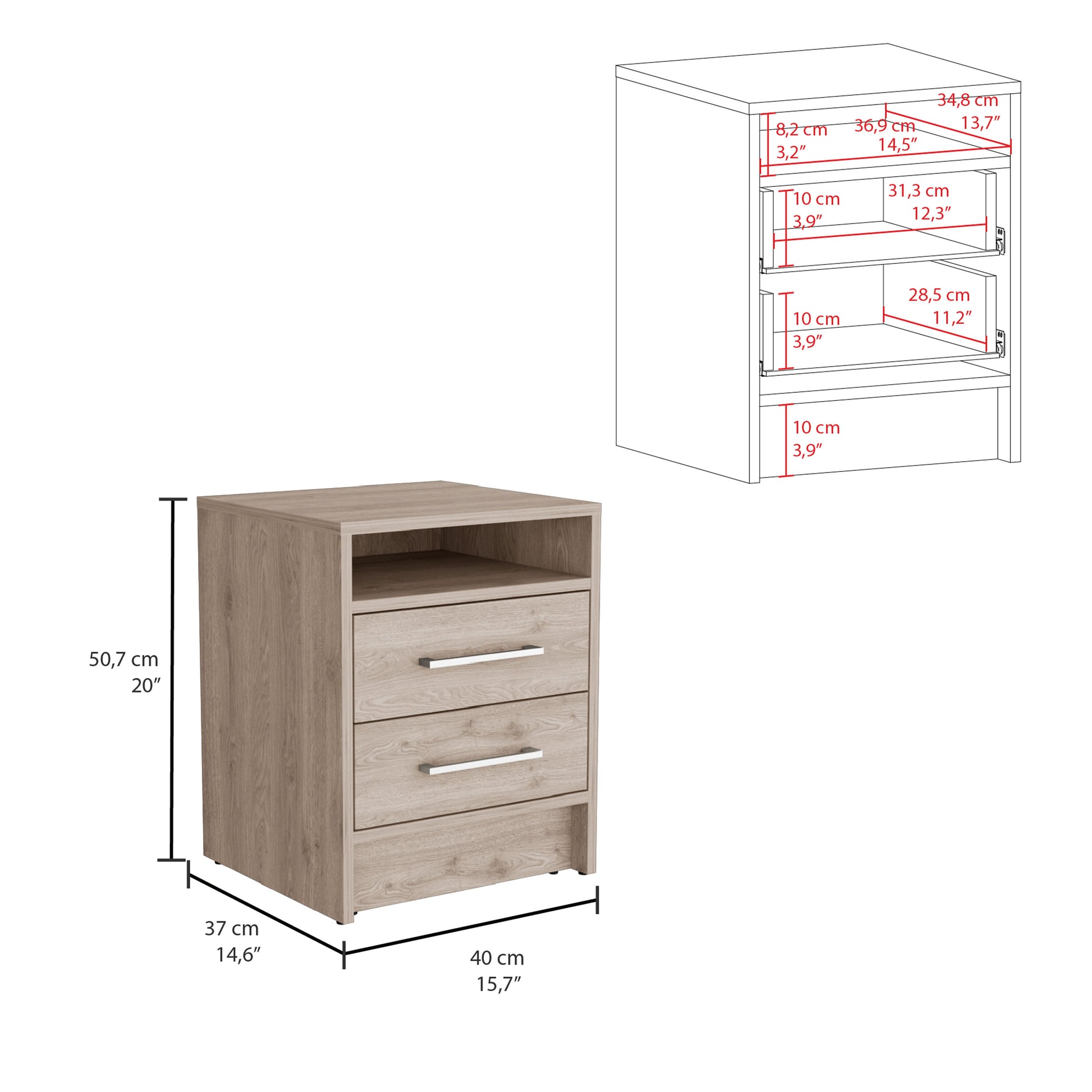 Oak effect nightstand with two drawers and open shelf modern design