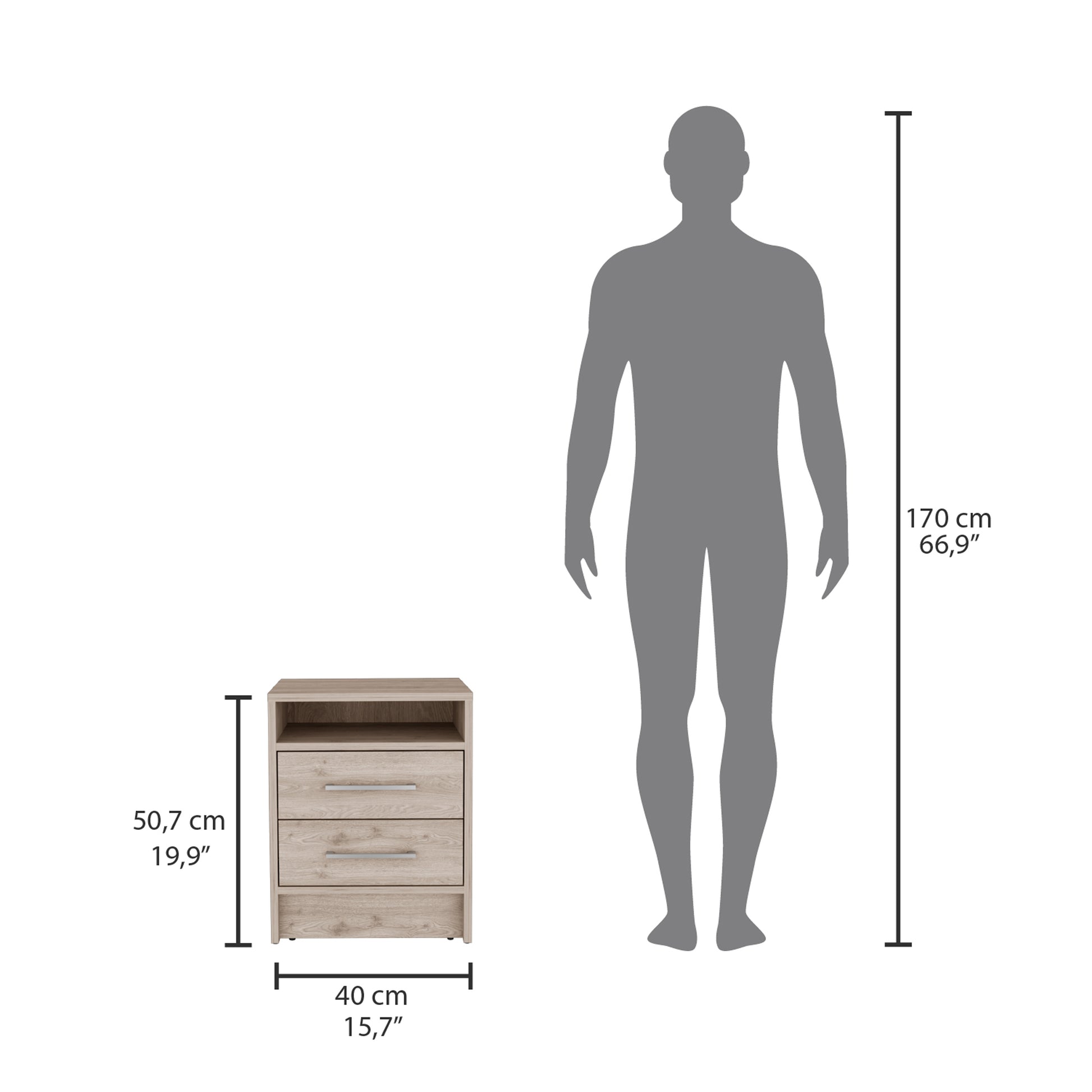 Light oak wood bedside table with two drawers and open shelf shown next to a person for scale