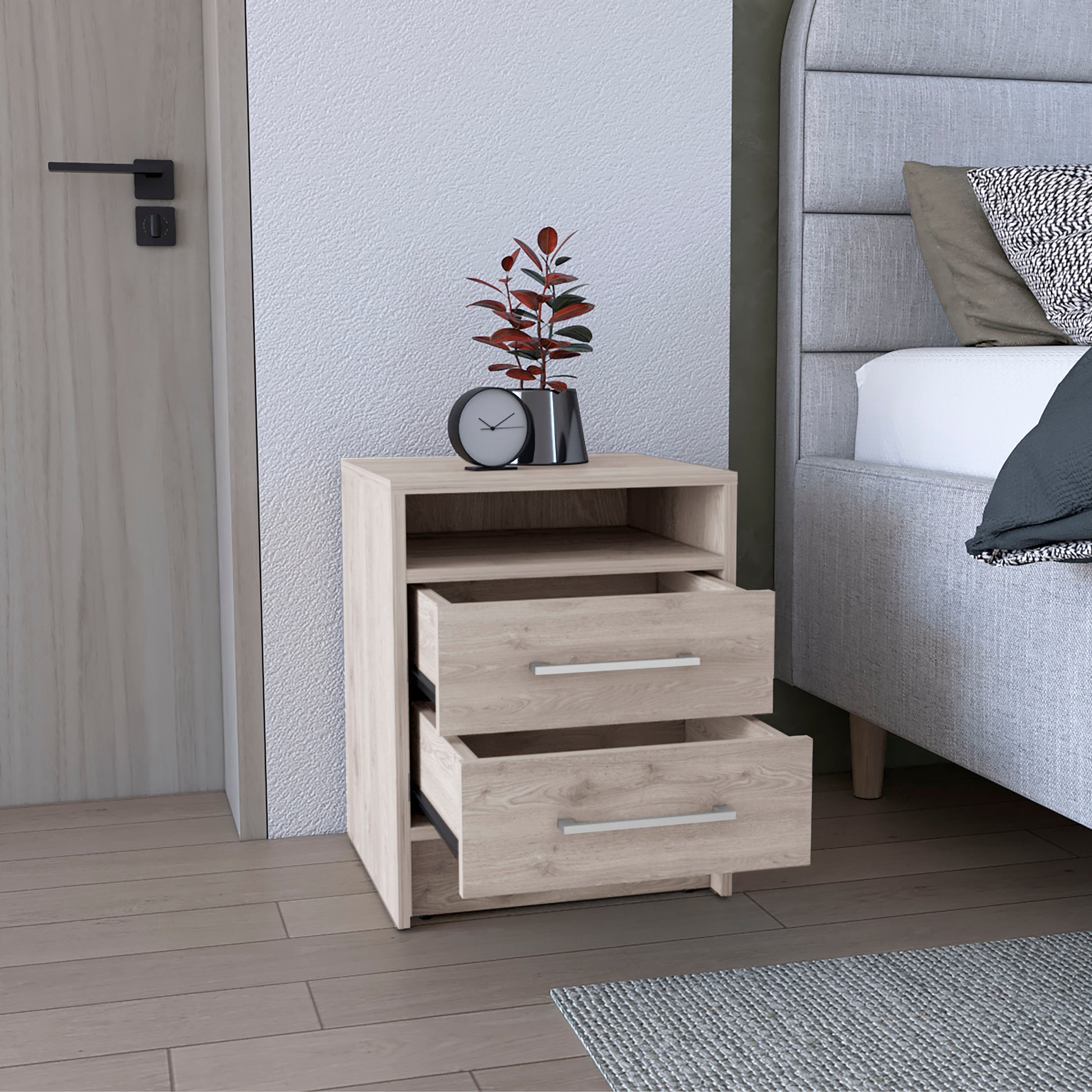 Light oak effect bedside table with two drawers and silver handles