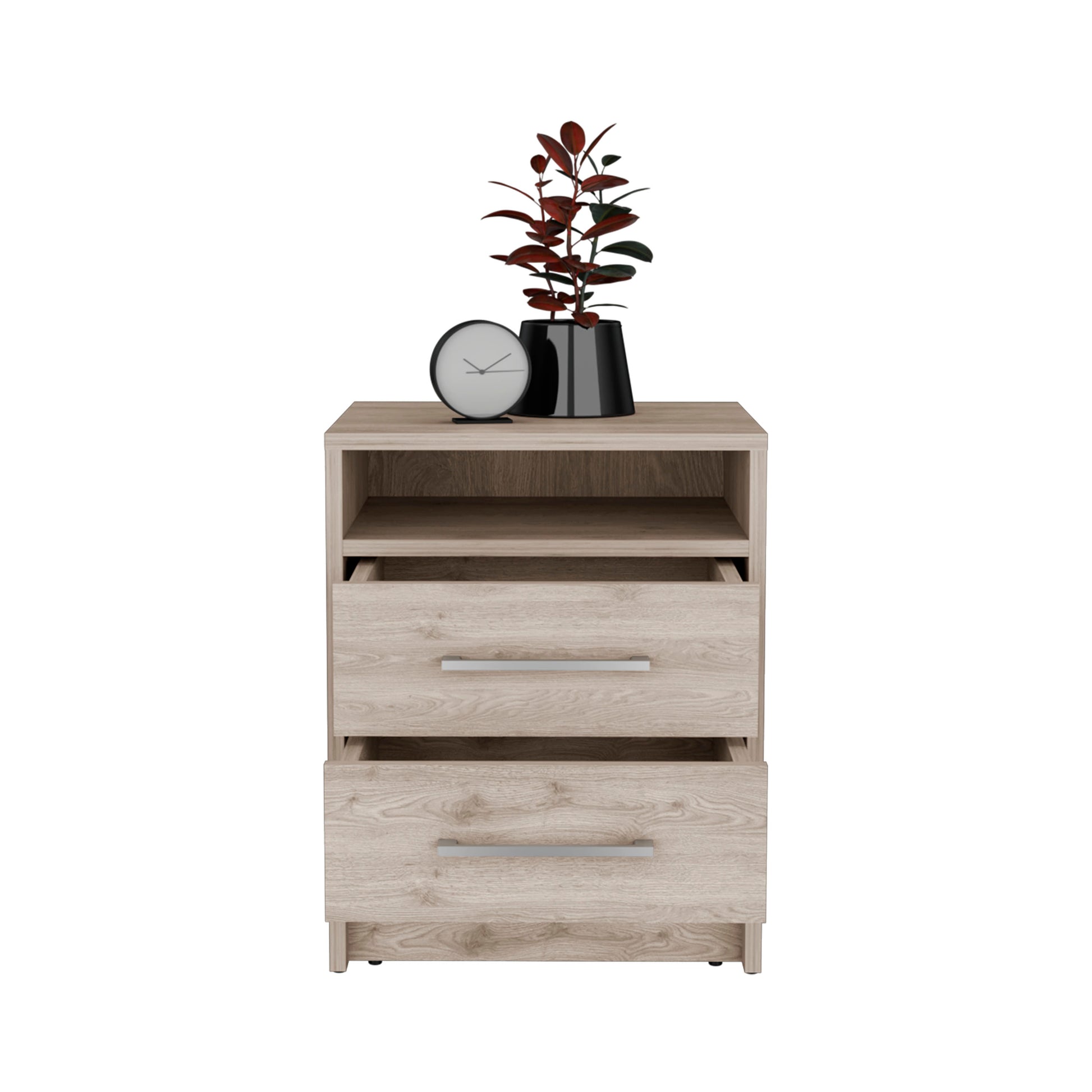 Light oak bedside table with two drawers and an open shelf featuring silver handles