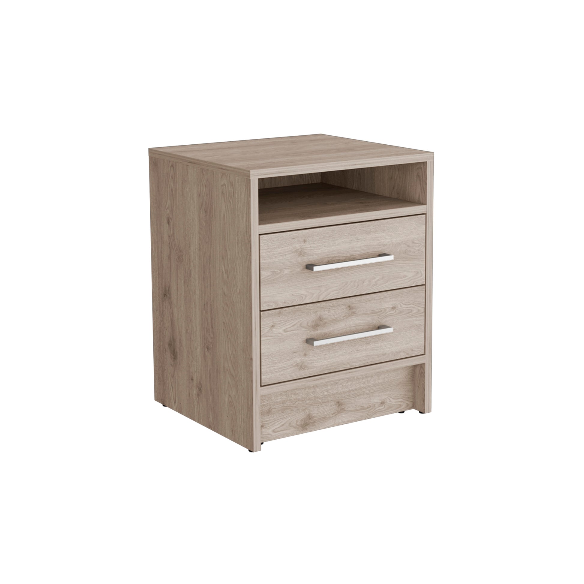 Light oak wood finish bedside table with two drawers and an open shelf