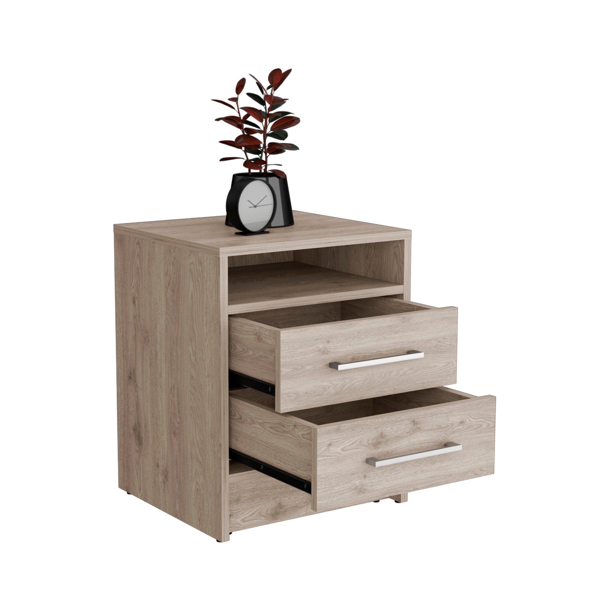 Light oak bedside table with two drawers and open shelf silver handles
