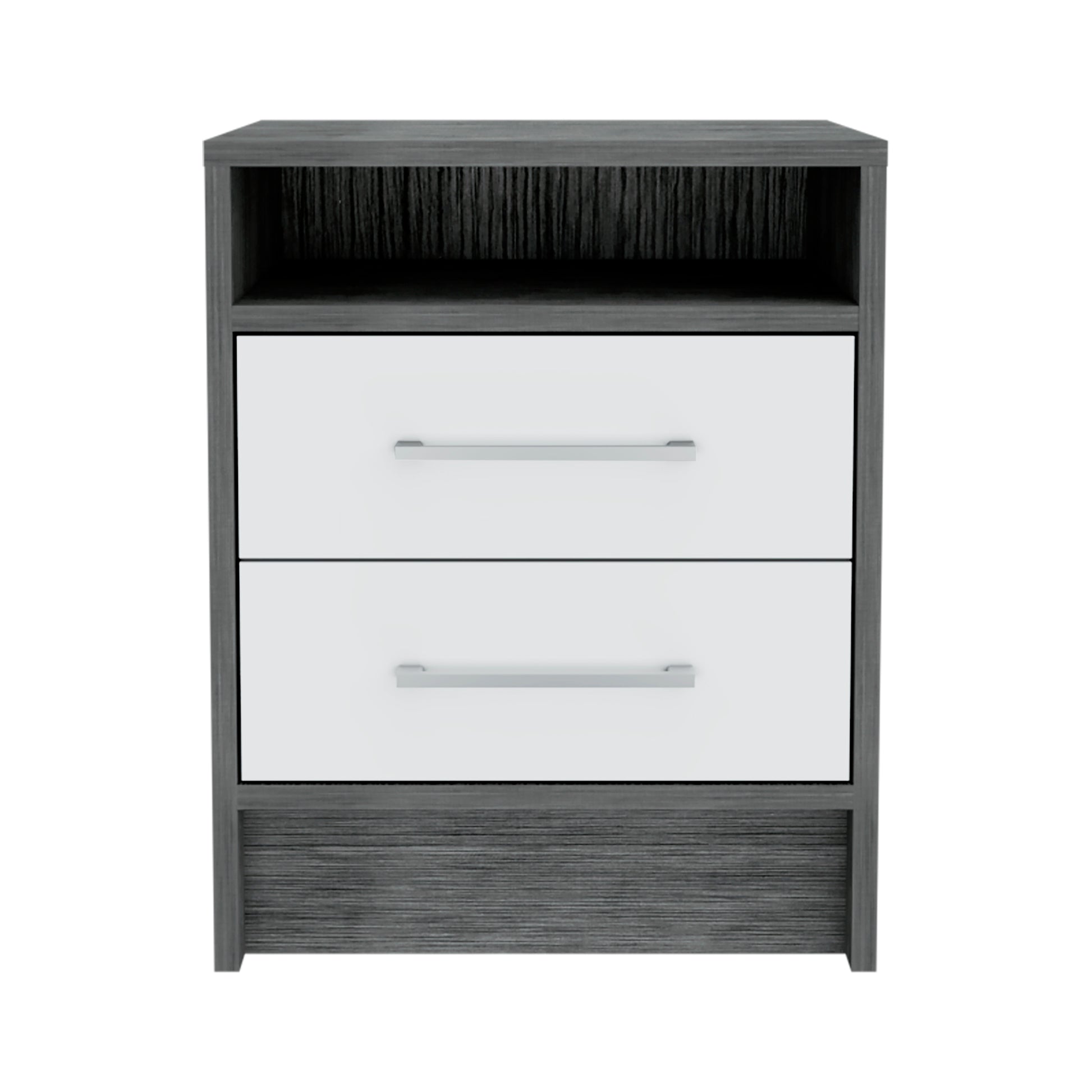 Modern grey and white twodrawer nightstand with silver handles